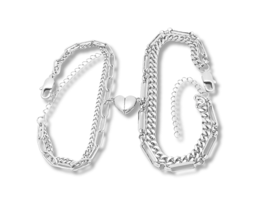 Set de pulseras doble cadena corazón plateado